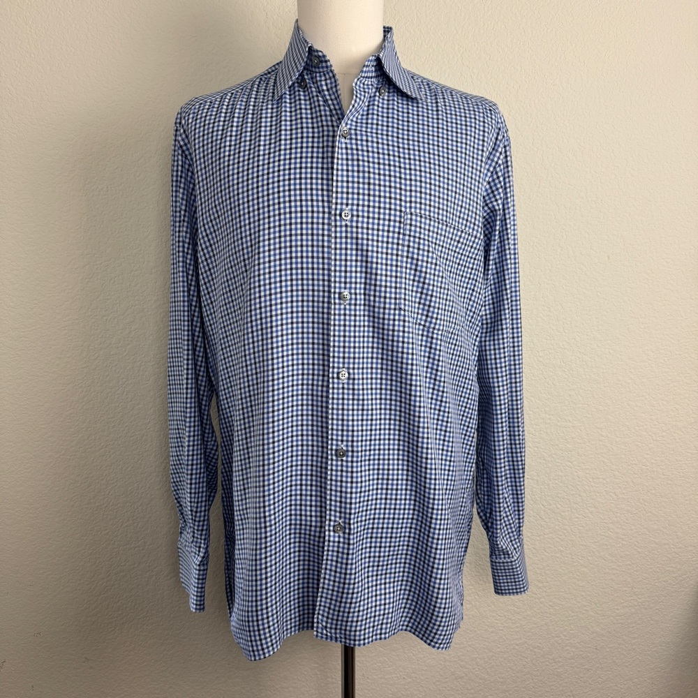 Ermenegildo Zegna Men’s Blue and White Check Plaid Long Sleeve Button Down | L
